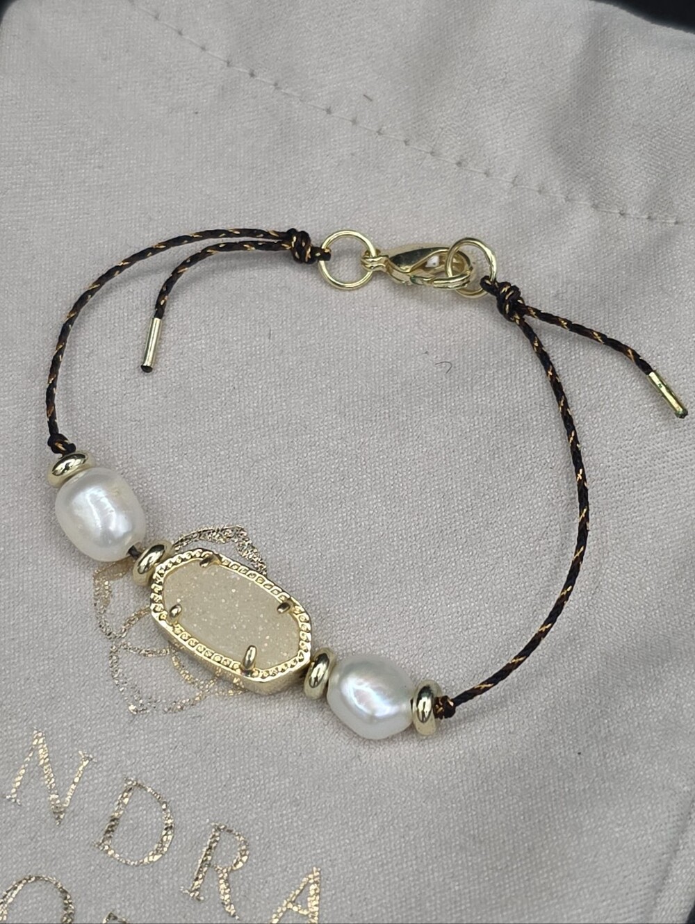 Kendra Scott Ari DIY Friendship Bracelet Black & Gold Twist W/ Real Pearls